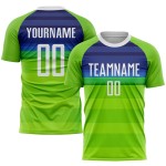 Maillot de football personnalisé à sublimation vert fluo, blanc et bleu roi Maillot de football personnalisé à sublimation vert fluo, blanc et bleu roi