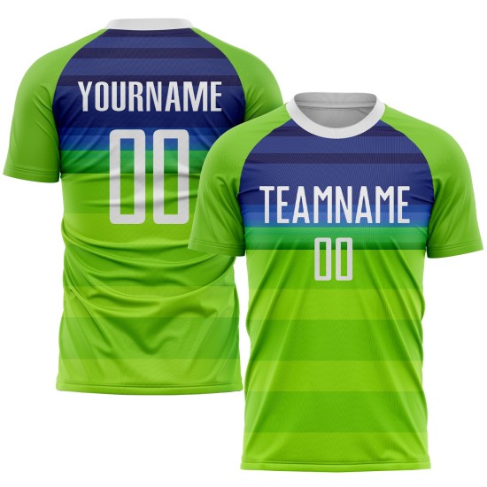 Maillot de football personnalisé à sublimation vert fluo, blanc et bleu roi Maillot de football personnalisé à sublimation vert fluo, blanc et bleu roi
