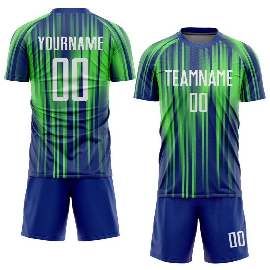 Maillot de football personnalisé à sublimation vert fluo, blanc et bleu roi Maillot de football personnalisé à sublimation vert fluo, blanc et bleu roi