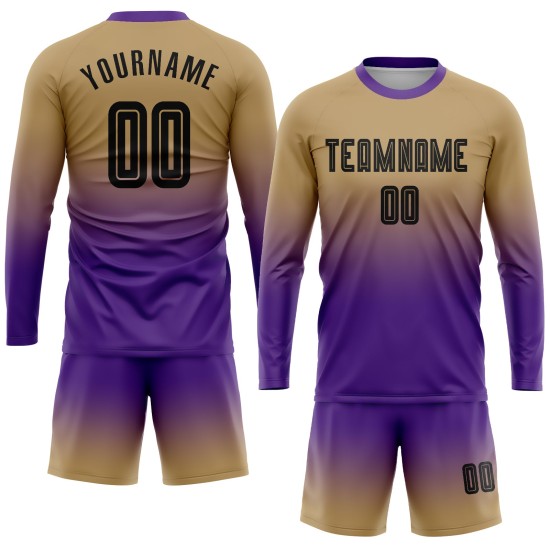 Maillot de football personnalisé à manches longues, couleur or, noir et violet, imprimé par sublimation Maillot de football personnalisé à manches longues, couleur or, noir et violet, imprimé par sublimation