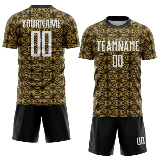 Maillot de football personnalisé à sublimation géométrique, blanc et noir, motif vieil or Maillot de football personnalisé à sublimation géométrique, blanc et noir, motif vieil or