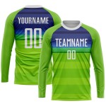 Maillot de football personnalisé à sublimation vert fluo, blanc et bleu roi Maillot de football personnalisé à sublimation vert fluo, blanc et bleu roi