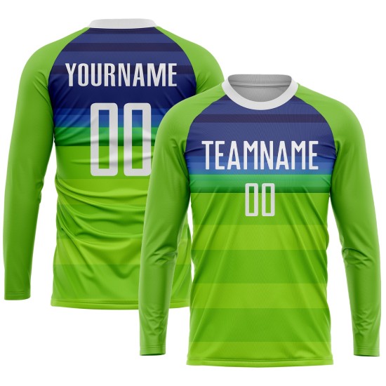 Maillot de football personnalisé à sublimation vert fluo, blanc et bleu roi Maillot de football personnalisé à sublimation vert fluo, blanc et bleu roi