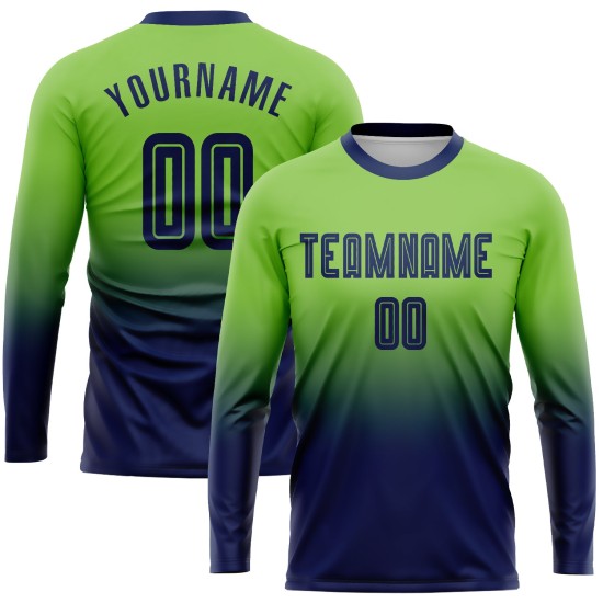 Maillot de football personnalisé à manches longues, vert fluo, bleu marine, par sublimation, à la mode Maillot de football personnalisé à manches longues, vert fluo, bleu marine, par sublimation, à la mode