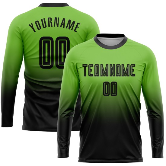 Maillot de football personnalisé à manches longues, vert fluo et noir, avec sublimation, dégradé de couleur Maillot de football personnalisé à manches longues, vert fluo et noir, avec sublimation, dégradé de couleur