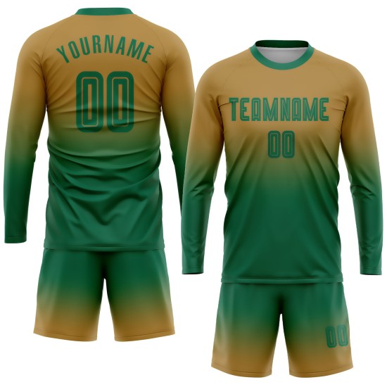Maillot de football personnalisé à manches longues, vert Kelly, effet dégradé, couleur or vieilli Maillot de football personnalisé à manches longues, vert Kelly, effet dégradé, couleur or vieilli