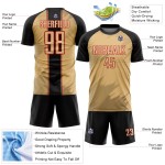 Maillot de football personnalisé à sublimation, formes nettes, noir et rouge, vieil or Maillot de football personnalisé à sublimation, formes nettes, noir et rouge, vieil or