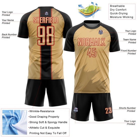 Maillot de football personnalisé à sublimation, formes nettes, noir et rouge, vieil or Maillot de football personnalisé à sublimation, formes nettes, noir et rouge, vieil or