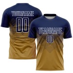 Maillot de football personnalisé à sublimation bleu marine et blanc, couleur or vieilli Maillot de football personnalisé à sublimation bleu marine et blanc, couleur or vieilli