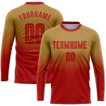 Maillot de football personnalisé à manches longues, imprimé par sublimation, couleur or rouge vieilli Maillot de football personnalisé à manches longues, imprimé par sublimation, couleur or rouge vieilli