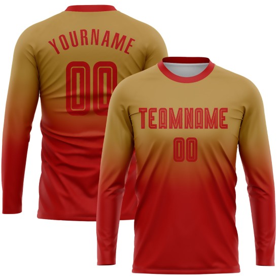 Maillot de football personnalisé à manches longues, imprimé par sublimation, couleur or rouge vieilli Maillot de football personnalisé à manches longues, imprimé par sublimation, couleur or rouge vieilli