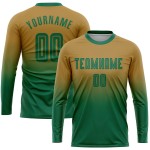 Maillot de football personnalisé à manches longues, vert Kelly, effet dégradé, couleur or vieilli Maillot de football personnalisé à manches longues, vert Kelly, effet dégradé, couleur or vieilli