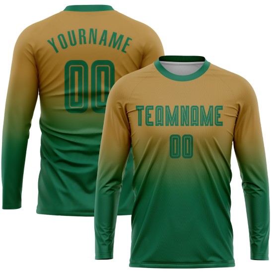 Maillot de football personnalisé à manches longues, vert Kelly, effet dégradé, couleur or vieilli Maillot de football personnalisé à manches longues, vert Kelly, effet dégradé, couleur or vieilli