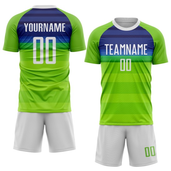 Maillot de football personnalisé à sublimation vert fluo, blanc et bleu roi Maillot de football personnalisé à sublimation vert fluo, blanc et bleu roi
