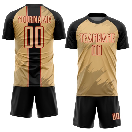 Maillot de football personnalisé à sublimation, formes nettes, noir et rouge, vieil or Maillot de football personnalisé à sublimation, formes nettes, noir et rouge, vieil or