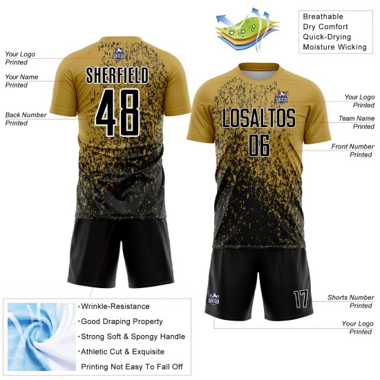 Maillot de football personnalisé à sublimation avec motif abstrait noir et blanc, motif ancien or Maillot de football personnalisé à sublimation avec motif abstrait noir et blanc, motif ancien or