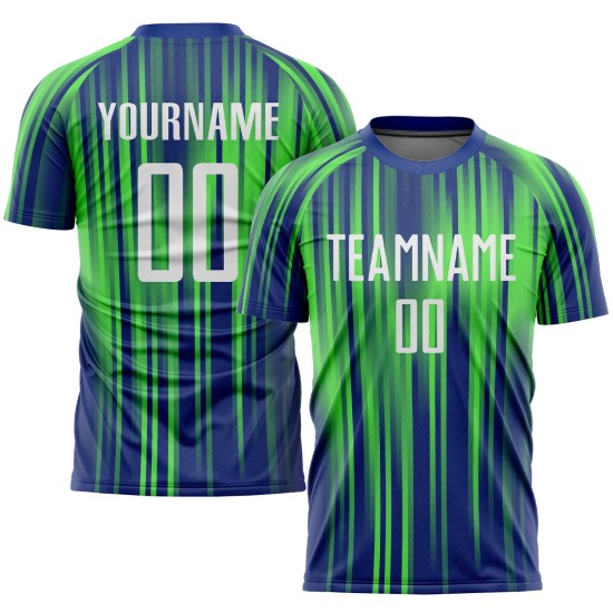 Maillot de football personnalisé à sublimation vert fluo, blanc et bleu roi Maillot de football personnalisé à sublimation vert fluo, blanc et bleu roi