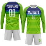 Maillot de football personnalisé à sublimation vert fluo, blanc et bleu roi Maillot de football personnalisé à sublimation vert fluo, blanc et bleu roi