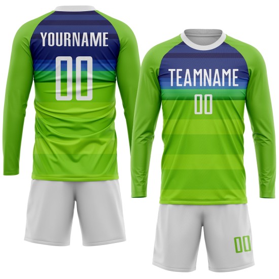 Maillot de football personnalisé à sublimation vert fluo, blanc et bleu roi Maillot de football personnalisé à sublimation vert fluo, blanc et bleu roi