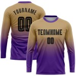 Maillot de football personnalisé à manches longues, couleur or, noir et violet, imprimé par sublimation Maillot de football personnalisé à manches longues, couleur or, noir et violet, imprimé par sublimation