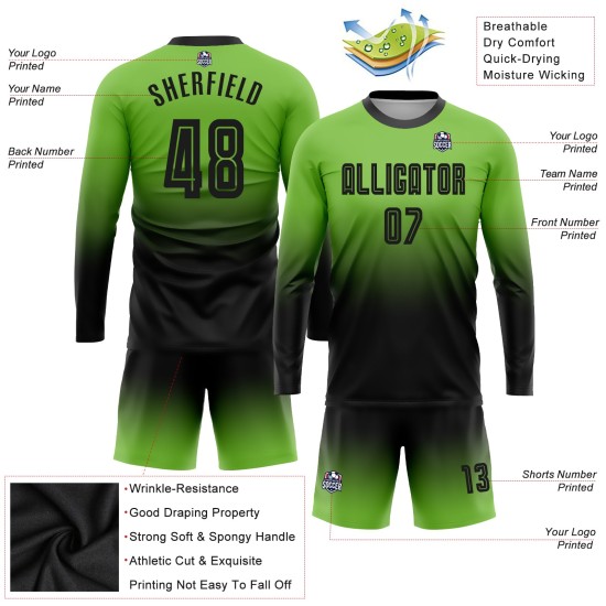 Maillot de football personnalisé à manches longues, vert fluo et noir, avec sublimation, dégradé de couleur Maillot de football personnalisé à manches longues, vert fluo et noir, avec sublimation, dégradé de couleur