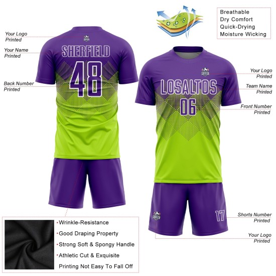Maillot de football personnalisé vert fluo violet-blanc par sublimation Maillot de football personnalisé vert fluo violet-blanc par sublimation