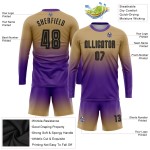 Maillot de football personnalisé à manches longues, couleur or, noir et violet, imprimé par sublimation Maillot de football personnalisé à manches longues, couleur or, noir et violet, imprimé par sublimation