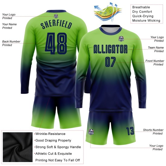 Maillot de football personnalisé à manches longues, vert fluo, bleu marine, par sublimation, à la mode Maillot de football personnalisé à manches longues, vert fluo, bleu marine, par sublimation, à la mode