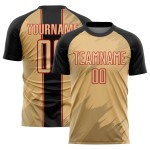 Maillot de football personnalisé à sublimation, formes nettes, noir et rouge, vieil or Maillot de football personnalisé à sublimation, formes nettes, noir et rouge, vieil or