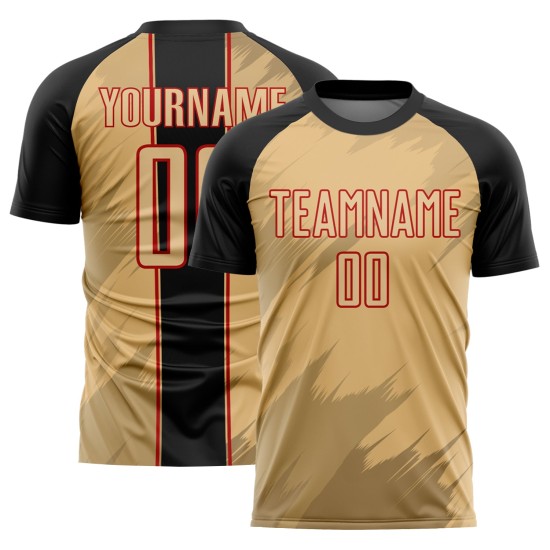 Maillot de football personnalisé à sublimation, formes nettes, noir et rouge, vieil or Maillot de football personnalisé à sublimation, formes nettes, noir et rouge, vieil or