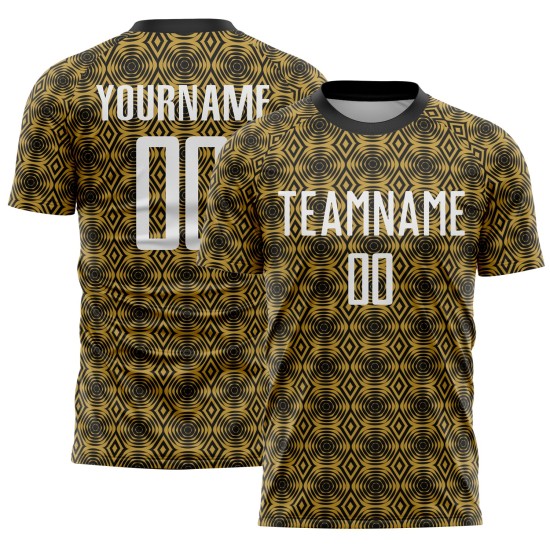 Maillot de football personnalisé à sublimation géométrique, blanc et noir, motif vieil or Maillot de football personnalisé à sublimation géométrique, blanc et noir, motif vieil or