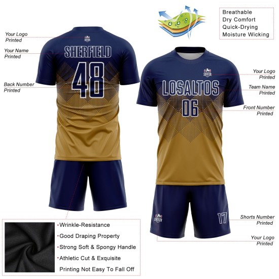 Maillot de football personnalisé à sublimation bleu marine et blanc, couleur or vieilli Maillot de football personnalisé à sublimation bleu marine et blanc, couleur or vieilli