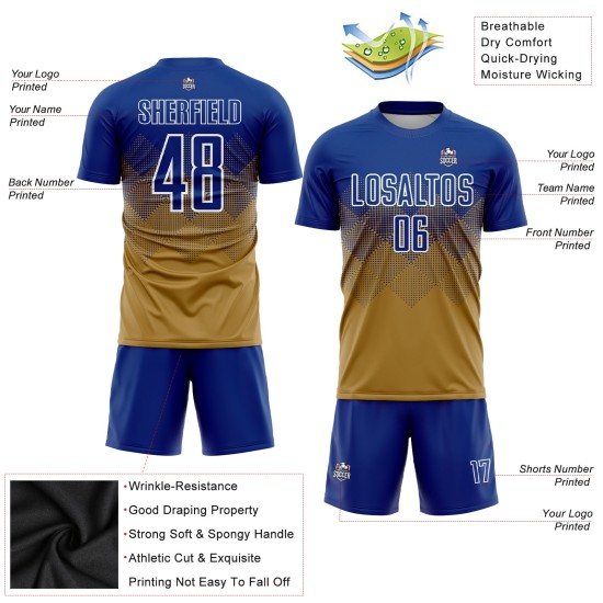 Maillot de football personnalisé à sublimation, couleur or, royal et blanc Maillot de football personnalisé à sublimation, couleur or, royal et blanc