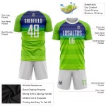 Maillot de football personnalisé à sublimation vert fluo, blanc et bleu roi Maillot de football personnalisé à sublimation vert fluo, blanc et bleu roi