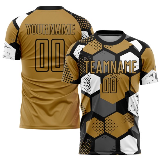 Maillot de football personnalisé à sublimation noir et blanc, couleur or vieilli Maillot de football personnalisé à sublimation noir et blanc, couleur or vieilli